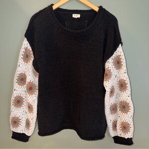 POL Boho Crochet Granny Square Sleeve Cottagecore Sweater Large